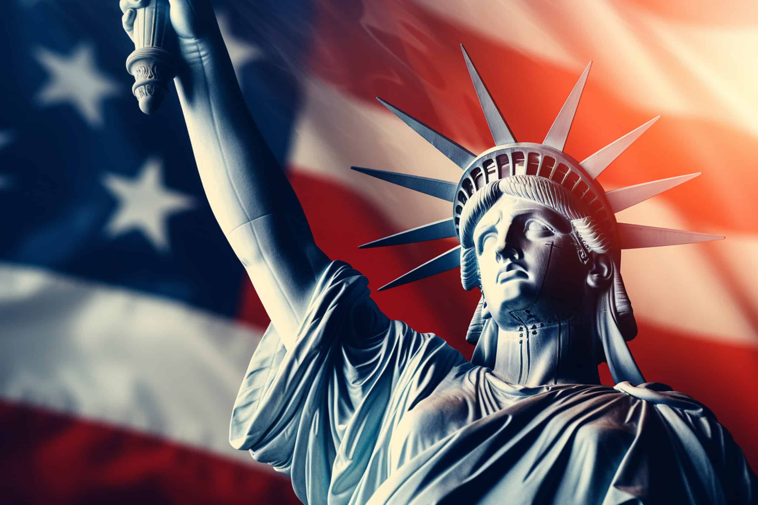 La Estatua de la Libertad y la Bandera Americana. El concepto de los Estados Unidos de América.