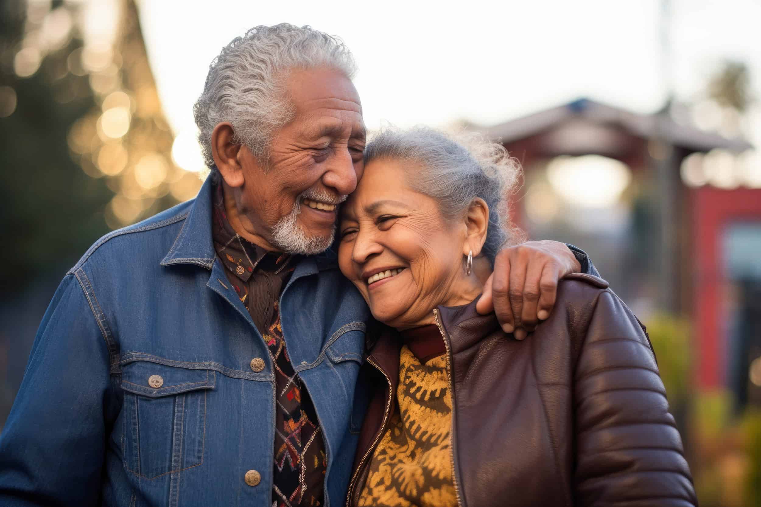 Una pareja hispana de edad avanzada disfrutando al aire libre, su amor palpable, lo que refleja la satisfactoria jubilación de un inmigrante latinoamericano.