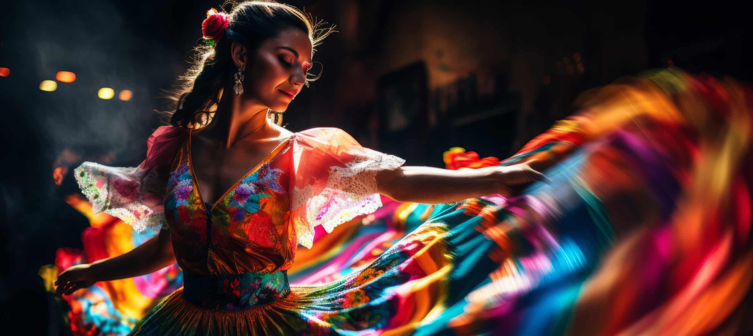 Hermosa joven con un vestido colorido bailando flamenco