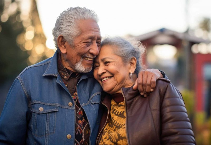 An elderly Hispanic couple enjoying outdoors, their love palpable, reflecting a Latin American immigrant's fulfilling retirement