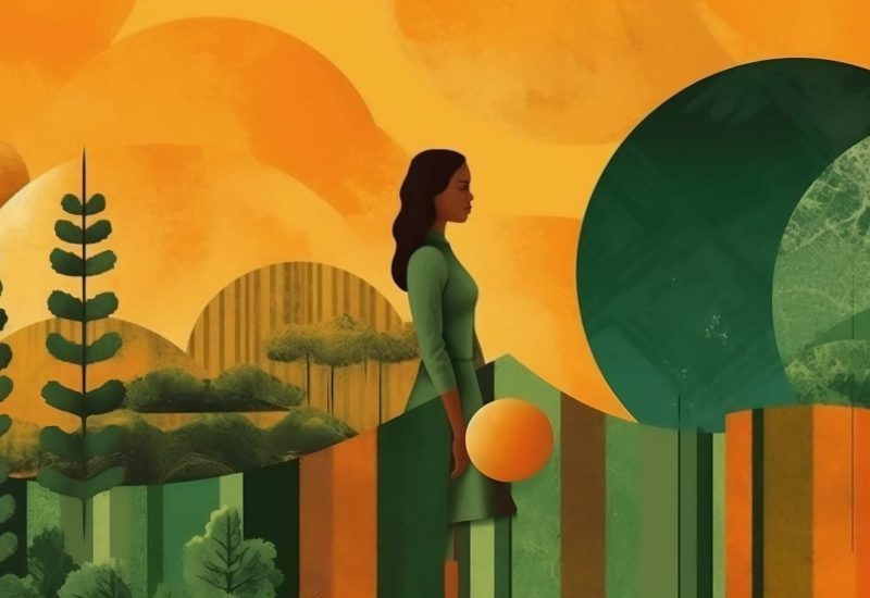 mujer de ilustración en color en un paisaje naranja y verde, su